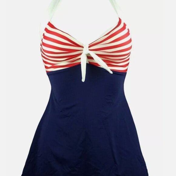 COCOSHIP Sailor Pin Up Swimsuit Retro One Piece Skirtini Red White Blue Size 8 - Picture 1 of 6